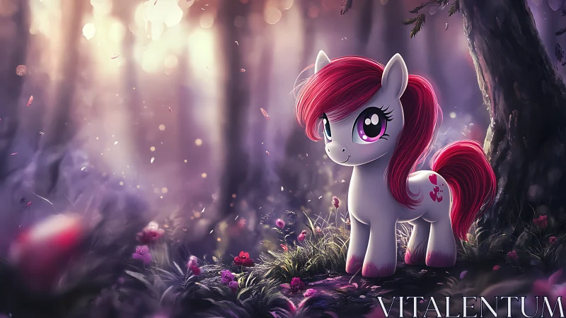 Cute pink-maned pony in dreamy purple forest scene.