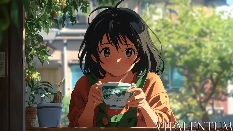 Girl with cup at sunny cafe window in soft anime style.