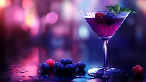 Violet Cocktail Composition with Berries and Bokeh Background.