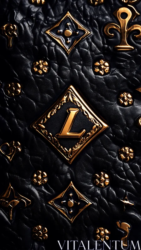 Embossed black leather with ornate gold monogram patterning.