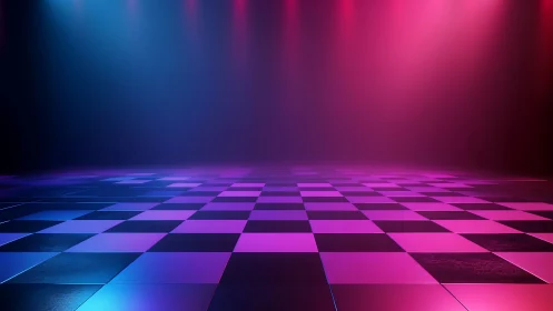 Neon-lit checkered dance floor rendered with volumetric fog lighting
