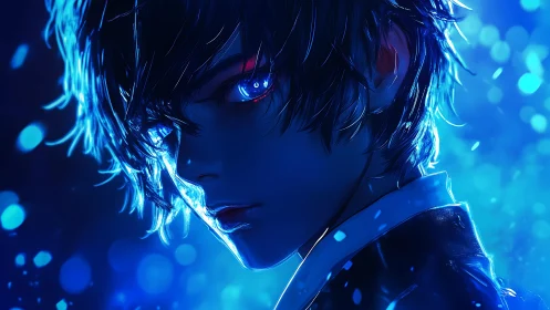 Blue-lit anime portrait of boy with glowing cybernetic eye