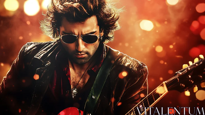 Moody rock guitarist lost in glowing stage lights.