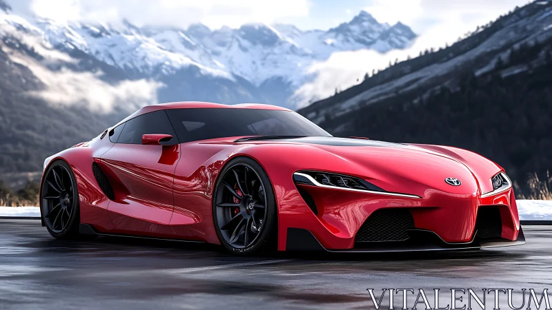 Red Toyota sports car gleams against snowcapped mountains.