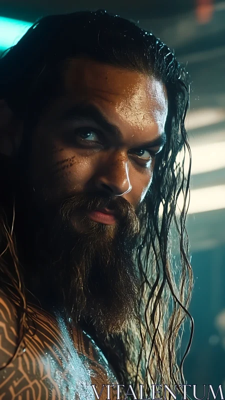 Cinematic close-up of wet bearded warrior in dramatic light