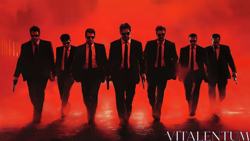 Suited gunmen stride through red smoke in tense formation