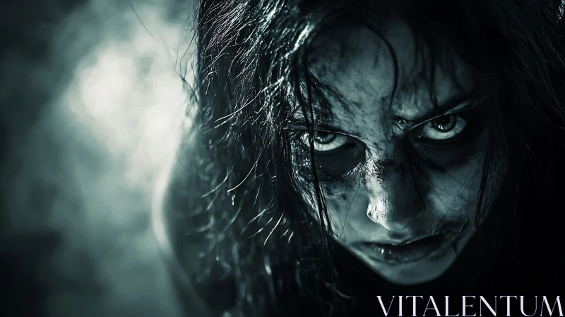 Low-key horror portrait with intense upward gaze and grime.