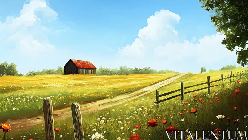 Sunlit meadow road drifting toward a lone rust-roof barn.