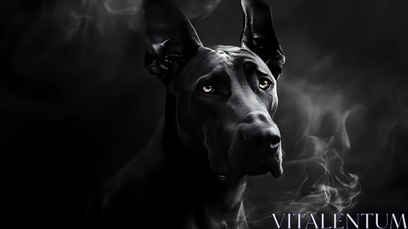 Black Great Dane portrait in smoky low-key lighting.