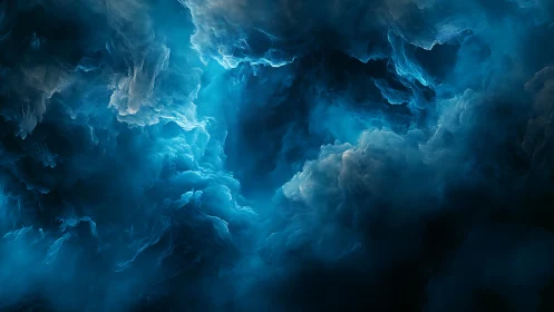 Celestial blue storm clouds swirl in a luminous abstract sky.