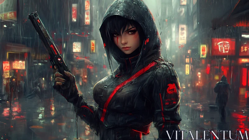 Hooded cyberpunk guardian standing bold in neon rain.