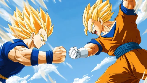 Opposed golden‑haired fighters collide with dynamic foreshortening