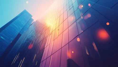 Sunlit city tower glowing with dreamy evening reflections.