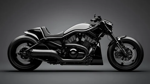 Black custom power cruiser motorcycle in studio side profile.