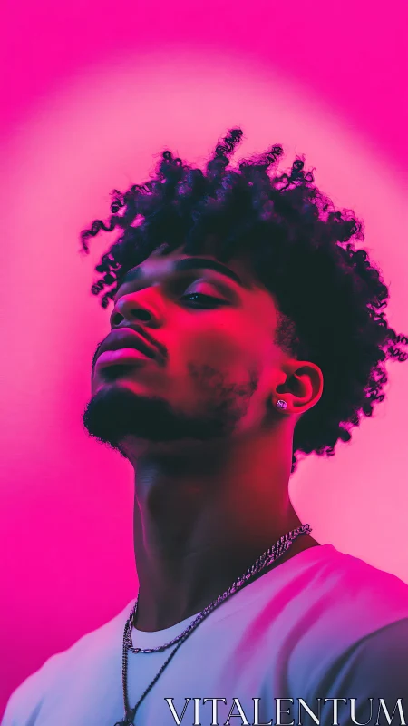 Neon portrait captures strong profile under magenta halo.