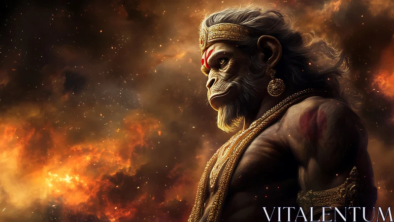 Divine warrior primate amid blazing cosmic inferno backdrop.