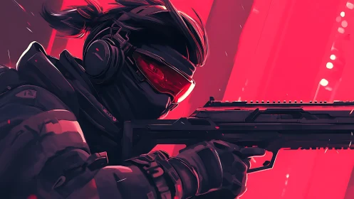 Tactical cyber operative with rifle in neon red environment.
