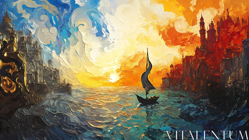 Sailboat crosses fiery and cool seas between twin cities.