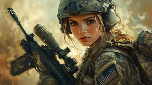 Female soldier holds rifle and faces viewer in combat gear