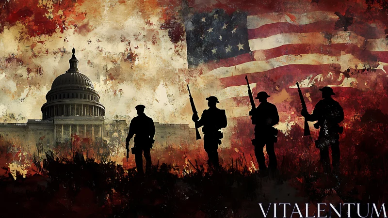 Silhouetted infantry before US Capitol and distressed flag tableau