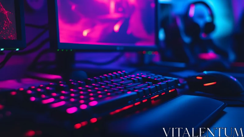 Neon gaming keyboard and screens glow in a cozy setup