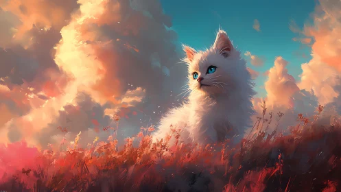 White Cat with Luminous Eyes in Fiery Sky Landscape