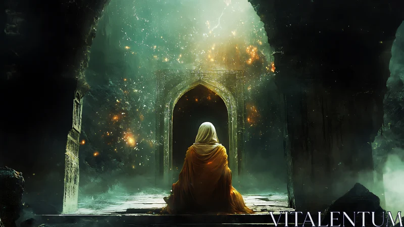 Hooded figure before glowing archway in ruined hall.