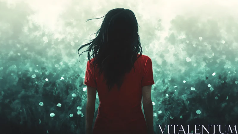 Solitary girl faces glowing teal mist horizon in silence.