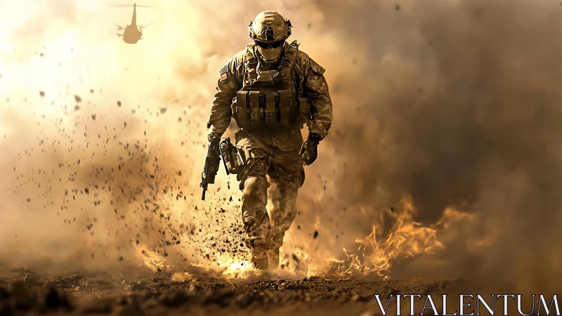Battle-hardened soldier advancing through blazing dust storm.