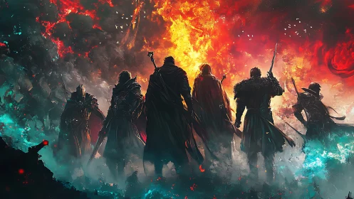 Dark fantasy warriors advance toward blazing fiery rift.