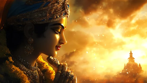 Golden light on devotional figure with distant temple.