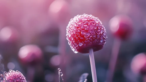 Macro close-up isolates dewy red lollipop with soft bokeh field