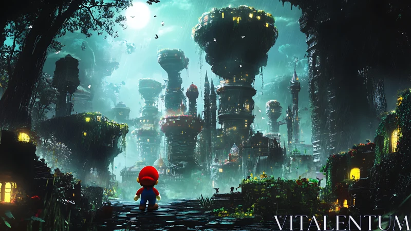 Side view of game character facing vertical fantasy city.
