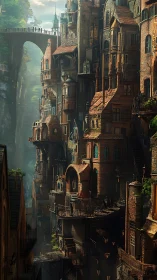 Tiered cliffside city of warm brick towers at dawn.