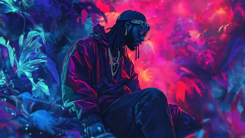 Neon backlit figure in reflective jacket amid saturated vapor clouds