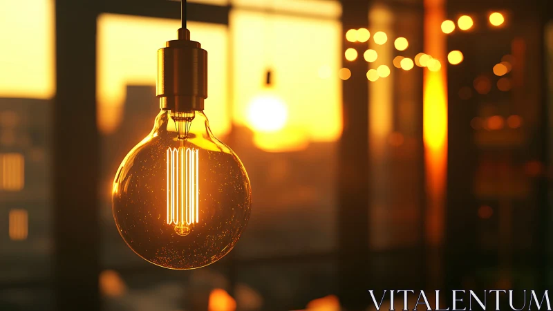 Warm filament bulb close-up against golden hour bokeh background.