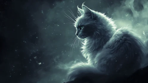 Ethereal White Cat Against Cosmic Starfield.