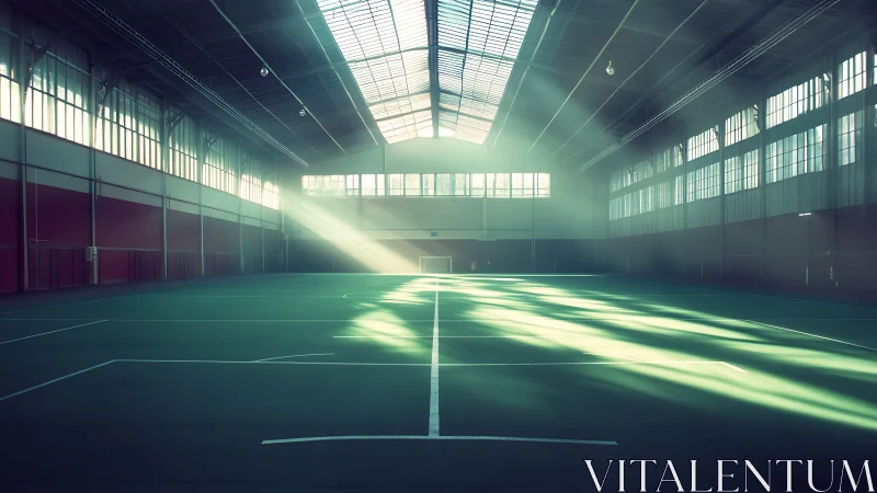 Sunlit indoor court pauses, holding its breath before play