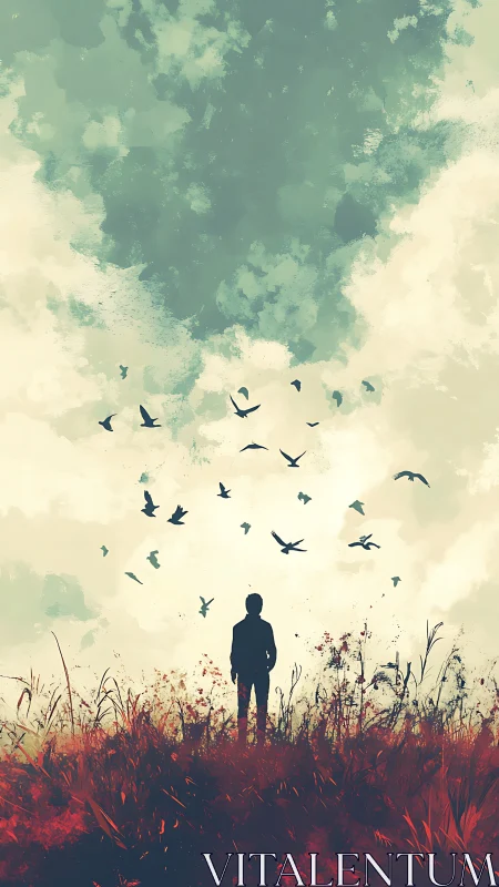 Solitary dreamer beneath wild birds and painted sky.