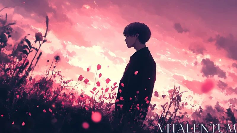 Quiet evening among wildflowers and a dreamy pink sky.