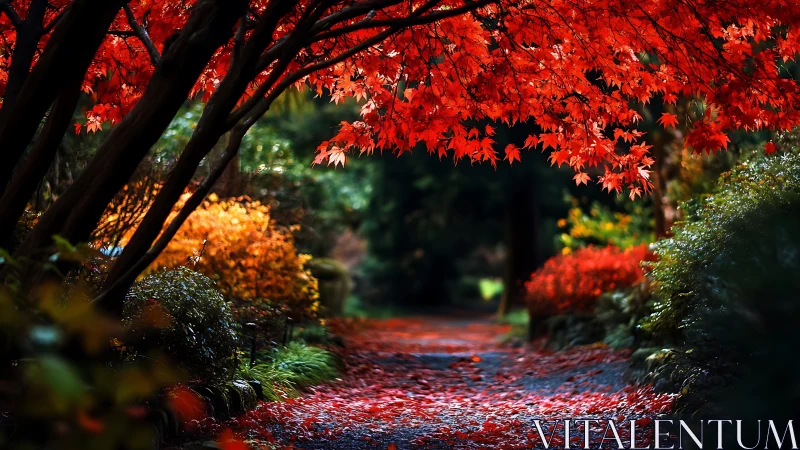 Autumn maple canopy glows above narrow garden pathway