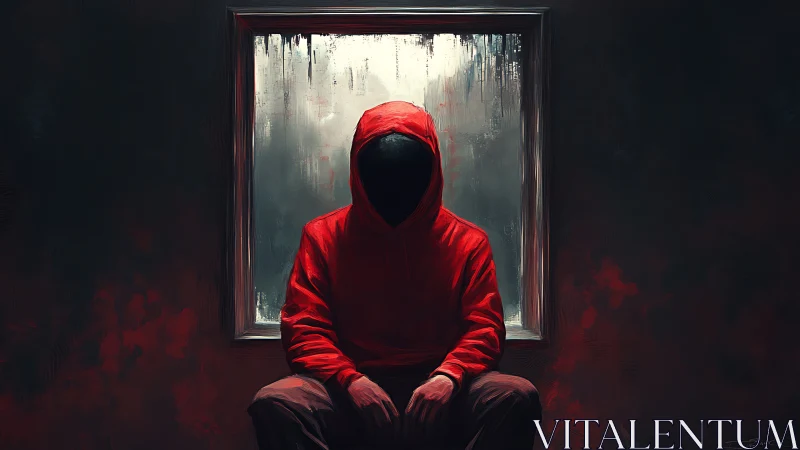 Hooded figure seated before window with obscured background.