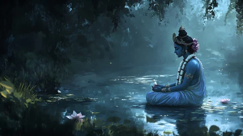 Blue-skinned deity meditates beside moonlit forest pond