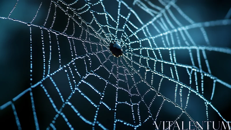 Glistening dewy spiderweb strands in cool blue light.