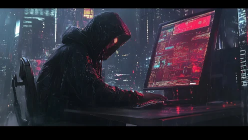 Hooded hacker operates glowing terminal in neon city night