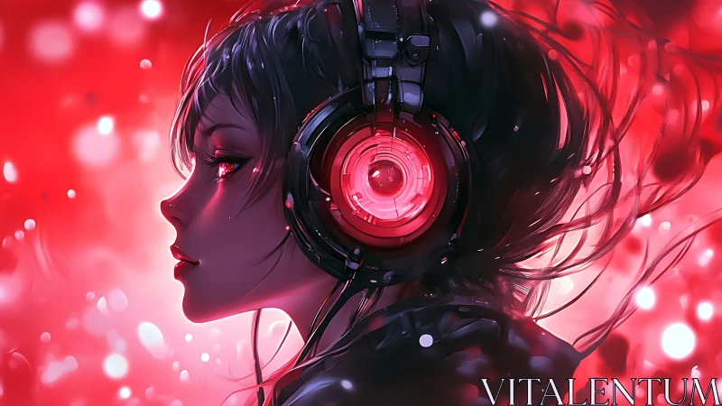 Side profile of girl with headphones in red digital glow.