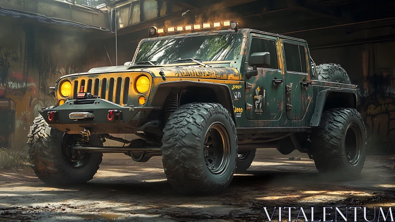 Lifted off-road Jeep truck in gritty urban garage scene.