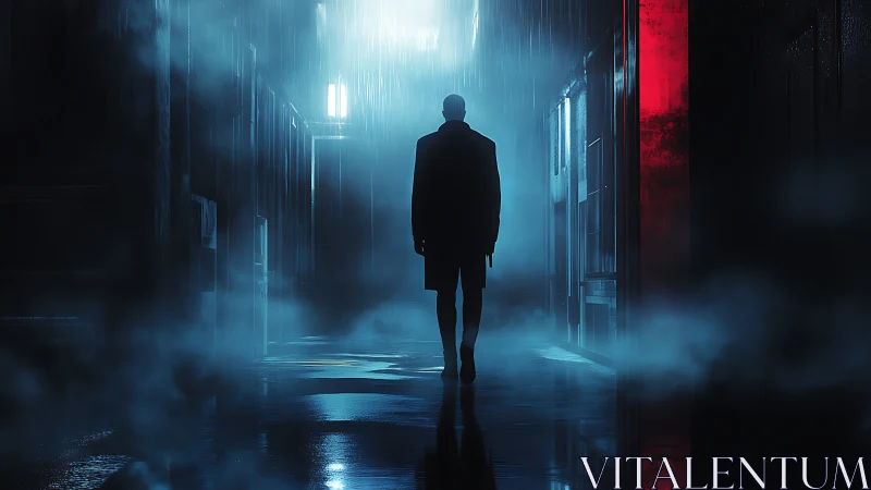 Noir silhouette walking through rain soaked neon alleyway.