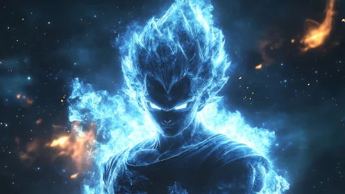 Energy-outlined humanoid figure rendered in blue flame light