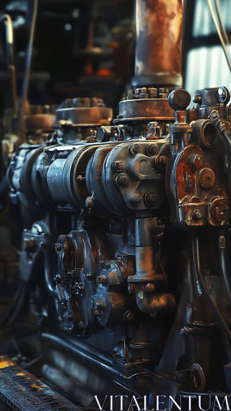 Rust stained industrial engine block in workshop light.